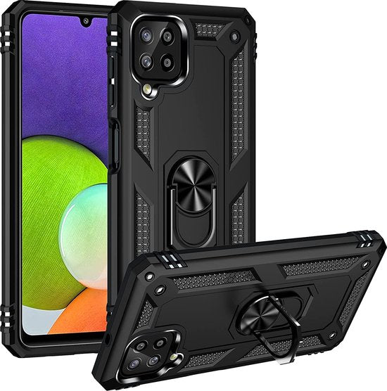 Samsung Galaxy A22 4G Hoesjes – Anti-Shock Hybride Ring Armor Backcover – Schokbestendig – Zwart-Ilumina Benelux