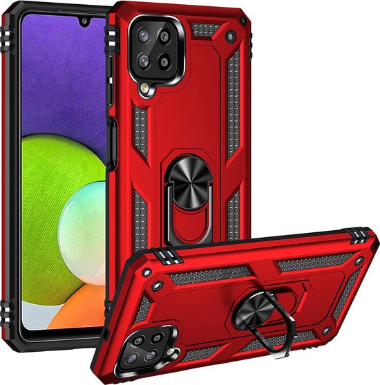Samsung Galaxy A22 4G Hoesjes – Anti-Shock Hybride Ring Armor Backcover – Schokbestendig – Rood-Ilumina Benelux