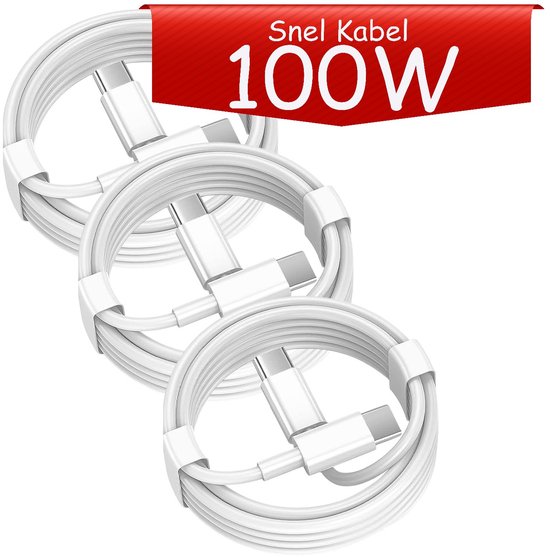USB-C Oplaadkabel – Geschikt voor iPhone 15/16, iPad Pro, Samsung, MacBook – 100W Snelladen – 1m – 3-pack – Wit-USB-Kabels-Ilumina Benelux