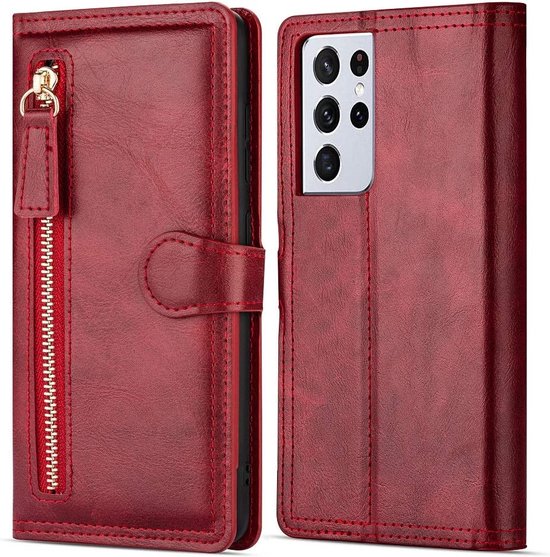 Bookcase Hoesje Geschikt voor: Samsung Galaxy A33 5G met ritssluiting - 5 kaarten houder - Rood