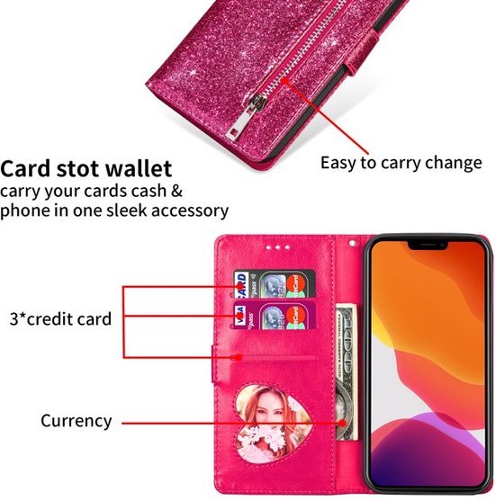 iPhone 13 Pro Max Hoesjes – Glitter Portemonnee Hoes – Rits & Koord – Roze-Ilumina Benelux