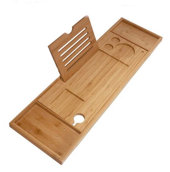 Badrek uitschuifbaar – Met boekenhouder & tablethouder – 75-110 cm – Bamboe hout – Naturel-Tablethouder-Ilumina Benelux