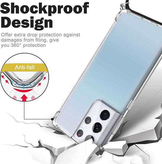 Samsung Galaxy S21 Ultra Hoesjes – Backcover met Koord – Schokbestendig – Schouder/Nek Draagriem – Zwart-Ilumina Benelux