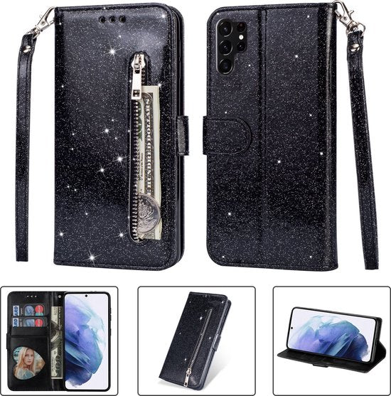 Samsung Galaxy S23 Ultra Hoesjes – Glitter Portemonneehoes – Rits & Koord – Pasjeshouder – Zwart-Ilumina Benelux