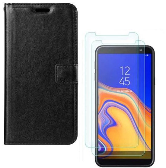 Samsung Galaxy J4 2018 Hoesjes – Portemonnee Hoes – Magneetsluiting – 2x Gehard Glas Screenprotector – Zwart-Ilumina Benelux