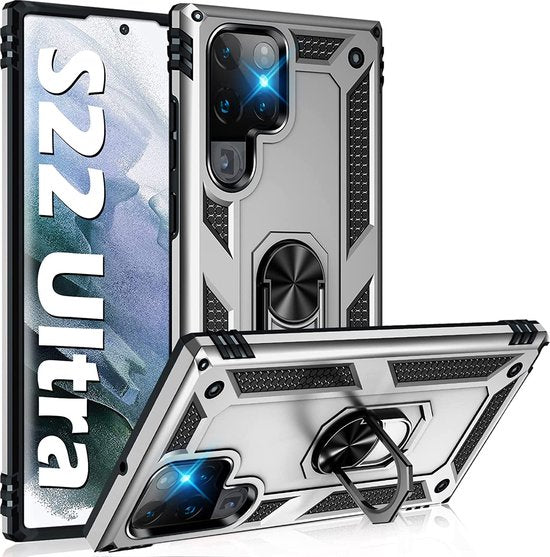 Samsung Galaxy S22 Ultra Hoesjes – Ring Armor Backcover – 360° Draaibare Standaard – Magneet – Zilver-Ilumina Benelux