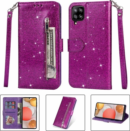 Samsung Galaxy A22 4G Hoesjes – Glitter Portemonneehoes – Rits & Koord – Pasjeshouder – Paars-Ilumina Benelux