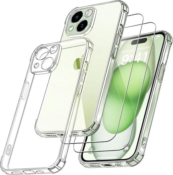 iPhone 15 Hoesjes – TPU Siliconen Backcover – Schokbestendig – 2-Pack Screenprotector – Camera Allround Bescherming – Transparant-Ilumina Benelux