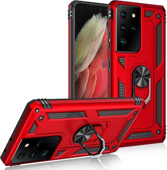 Samsung Galaxy S21 Ultra 5G Hoesjes – Hybride Ring Armor Backcover – Schokbestendig – Rood-Ilumina Benelux