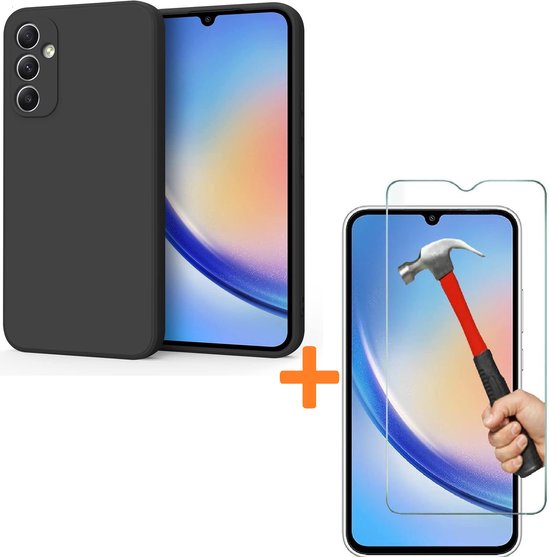 Silicone hoesje Zwart met 3x Screenprotector Glas Geschikt voor: Samsung Galaxy A35