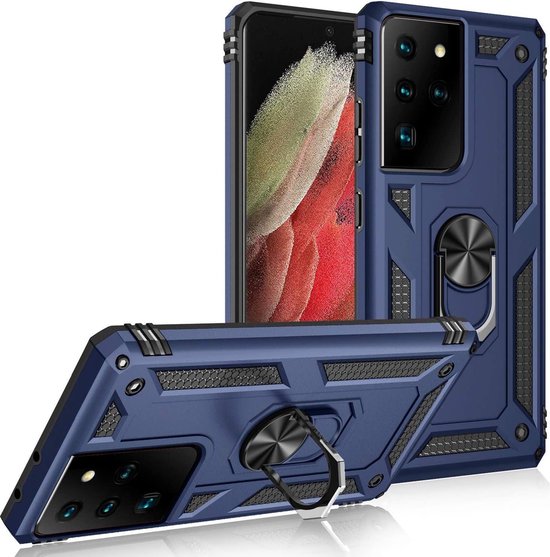 Samsung Galaxy S21 Ultra 5G Hoesjes – Anti-Shock Hybride Backcover – Ringhouder – Armor Bescherming – Blauw-Ilumina Benelux