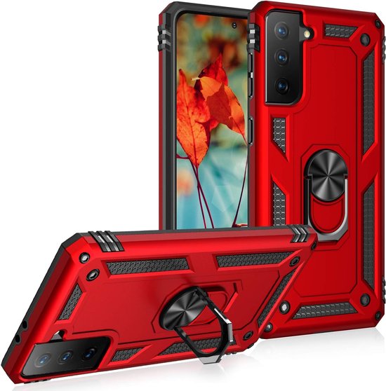 Samsung Galaxy S21 FE Hoesjes – Hybride Ring Armor Backcover – Schokbestendig – Anti-Shock – Rood-Ilumina Benelux