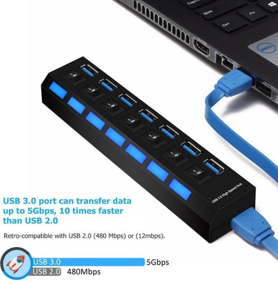 USB 3.0 Hub – 7 Poorts Splitter – 5Gbps – Aan/Uit Schakelaar – Blauw LED – Zwart-Ilumina Benelux