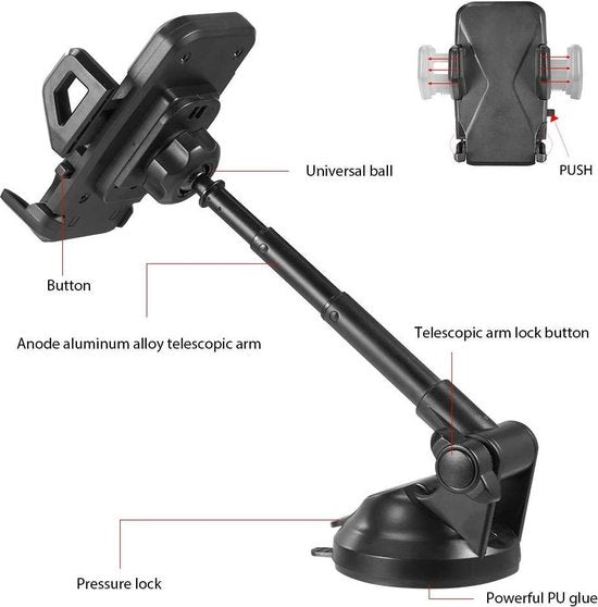 Telefoonhouder auto – Dashboard/Voorruit – 360° draaibaar – Telescopische arm – One Touch Release – Zwart-Ilumina Benelux