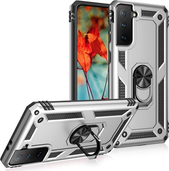 Samsung Galaxy S21 FE Hoesjes – Anti-Shock Hybride Ring Armor Backcover – Schokbestendig – Zilver-Ilumina Benelux