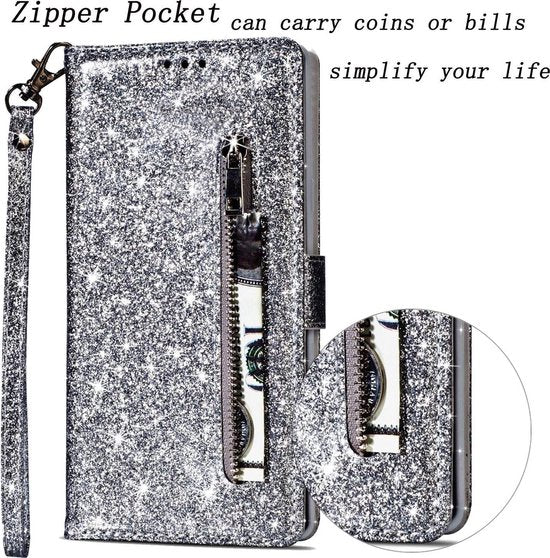 Samsung Galaxy S10 Hoesjes – Glitter Portemonnee Case met Rits – Koord – Pasjeshouder – Zilver-Ilumina Benelux