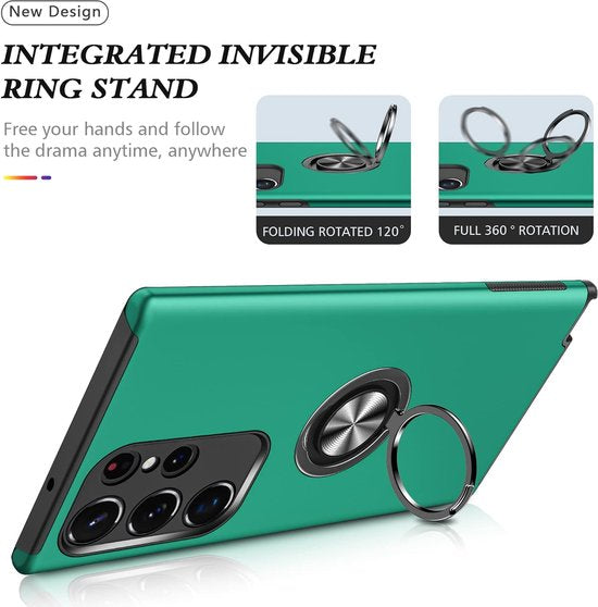 Samsung Galaxy S23 Ultra Hoesjes – Harde Backcover met Vingerring – Anti-drop – Groen-Ilumina Benelux