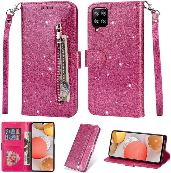 Samsung Galaxy A42 Hoesjes – Glitter Portemonnee Case met Rits – Koord – Pasjeshouder – Roze-Ilumina Benelux