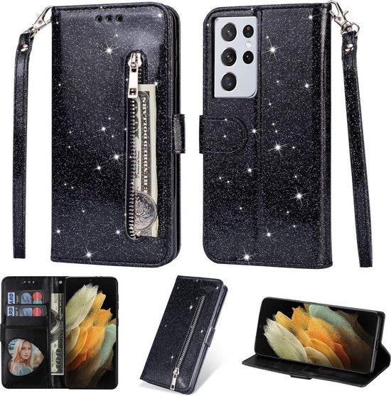 Samsung Galaxy A72 5G Hoesjes – Glitter Portemonnee Case met Rits – Koord – Pasjeshouder – Zwart-Ilumina Benelux