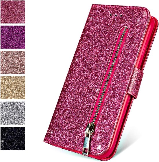 Sparkly Glitter Wallet Hoesje met Rits & Koord Geschikt voor: Samsung Galaxy S10 - Roze