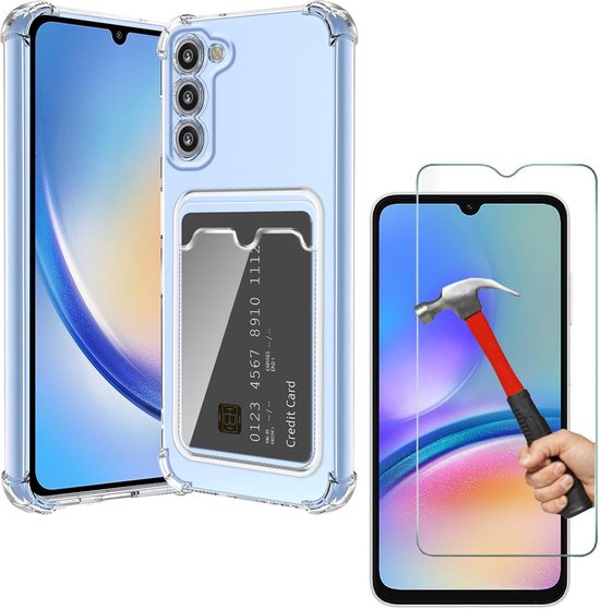 Schokbestendig TPU Hoes Kaarthouder + Screenprotector Geschikt voor: Samsung Galaxy A34 - Transparant
