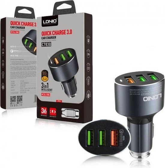 Autolader – Geschikt voor iPhone 16/15 & Samsung Galaxy – 30W Snellader – 3 Poorten – USB-C Kabel-Oplader-Ilumina Benelux