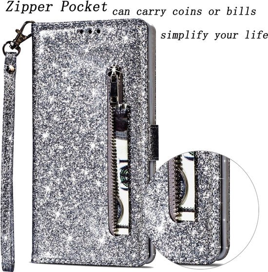 Samsung Galaxy S10 Hoesjes – Glitter Portemonnee Hoes – Rits & Koord – Zilver-Ilumina Benelux