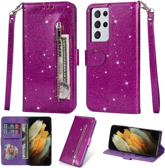 Samsung Galaxy A52/A52s Hoesjes – Glitter Portemonnee Case – Rits – Koord – Pasjeshouder – Paars-Ilumina Benelux