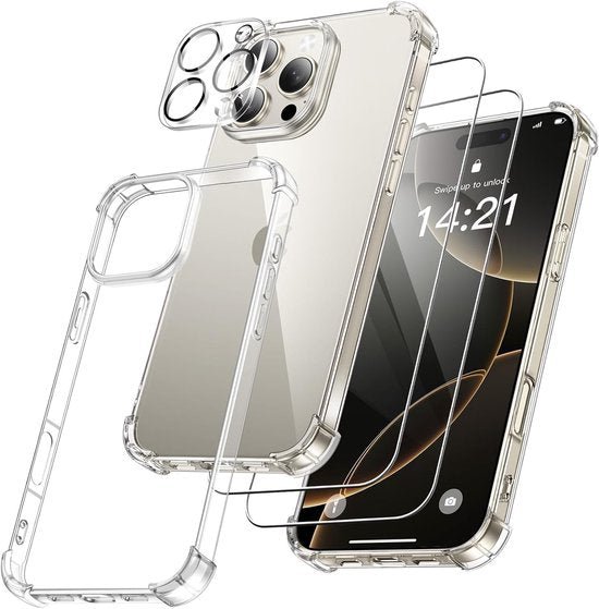 iPhone 16 Pro Max Hoesjes – Transparante Backcover – Schokbestendig – Met Cameralens Protector & 2x Screenprotector – Militair KKG-Ilumina Benelux