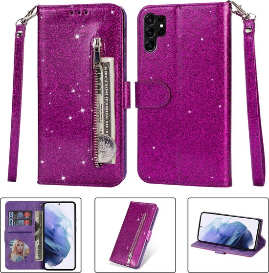 Samsung Galaxy S23 Ultra Hoesjes – Glitter Portemonnee Hoes – Rits & Koord – Paars-Ilumina Benelux