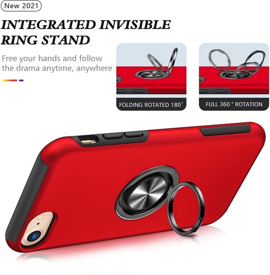 iPhone 7/8/SE 2020/2022 Hoesjes – Backcover met Vingerring & Magneet – Anti-drop Cover – Rood-Ilumina Benelux