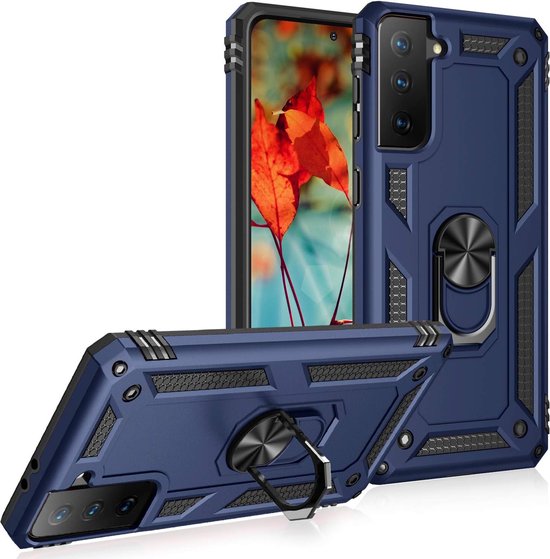 Samsung Galaxy S21 FE Hoesjes – Anti-Shock Hybride Backcover met Ringhouder – Schokbestendig – Blauw-Ilumina Benelux