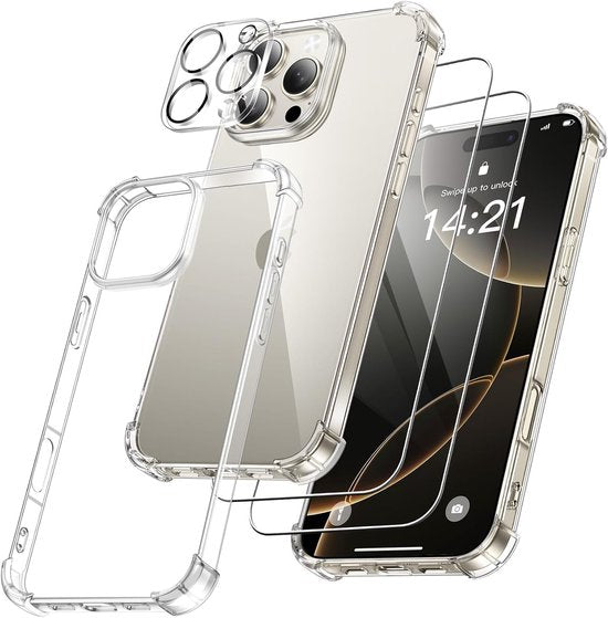 iPhone 16 Pro Hoesjes – Militair KKG Backcover – Schokbestendig – 1x Cameralens + 2x Screenprotector – Transparant-Ilumina Benelux