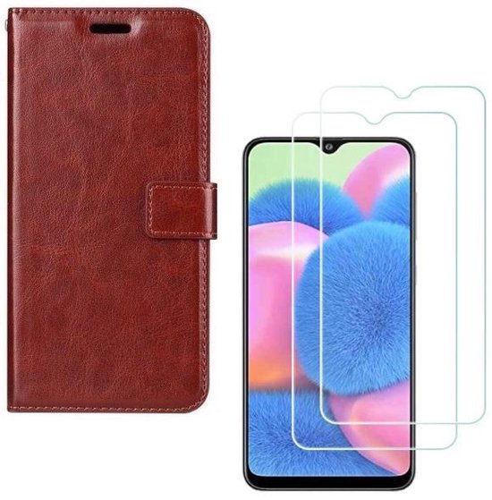 Samsung Galaxy A30S Hoesjes – Portemonnee Hoes – Pasjeshouder – 2x Gehard Glas Screenprotector – Bruin-Ilumina Benelux