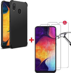 Anti-Shock silicone hoesje zwart met 2 Pack Screenprotector Glas Geschikt voor: Samsung Galaxy A30S