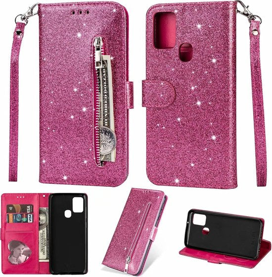 Sparkly Glitter Wallet Hoesje met Rits & Koord Geschikt voor: Samsung Galaxy M31 - Roze