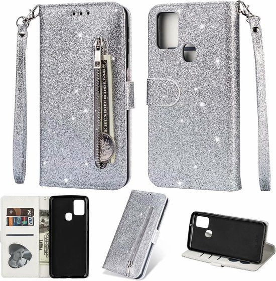 Sparkly Glitter Wallet Hoesje met Rits & Koord Geschikt voor: Samsung Galaxy M31S - Zilver