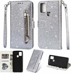 Samsung Galaxy M31S Hoesjes – Glitter Portemonnee Hoes – Rits & Koord – Pasjeshouder – Zilver