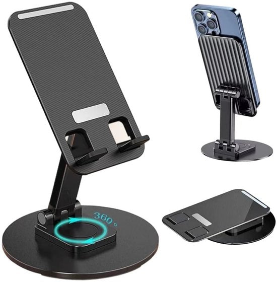 Telefoonhouder bureau – 360° verstelbaar – Voor telefoon & tablet – Opvouwbaar en stabiel – Zwart-Ilumina Benelux