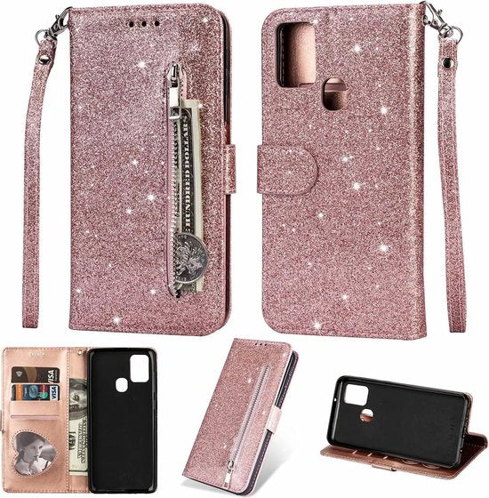 Sparkly Glitter Wallet Hoesje met Rits & Koord Geschikt voor: Samsung Galaxy M21 / M30S - Roségoud