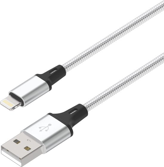 Oplaadkabel – Geschikt voor iPhone 14 13 12 11 XR XS X 8 7 6 SE – Lightning kabel – Nylon gevlochten – 1 Meter – Zilver-USB-Kabels-Ilumina Benelux
