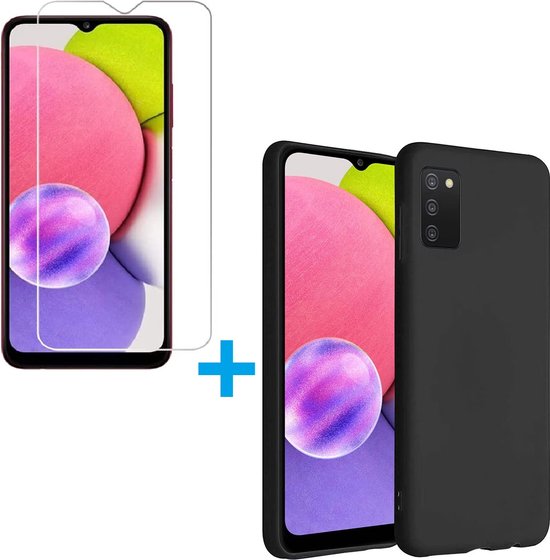 Silicone hoesje zwart met 2 Pack Screenprotector Glas Geschikt voor: Samsung Galaxy A03S