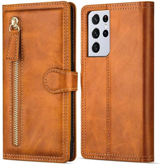 Samsung Galaxy S21 Hoesjes – Portemonnee Bookcase met Ritssluiting – 5 Pasjeshouder – Lichtbruin-Ilumina Benelux