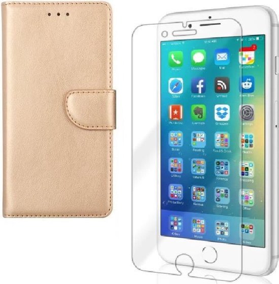 iPhone 7/8 Hoesjes – Bookcase Portemonnee Hoes – Magneetsluiting – 2x Screenprotector Gehard Glas – Goud-Ilumina Benelux