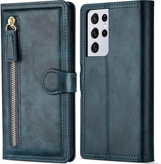 Samsung Galaxy S21 Hoesjes – Bookcase Portemonnee Hoes – Ritssluiting – 5 Pasjeshouder – Blauw-Ilumina Benelux