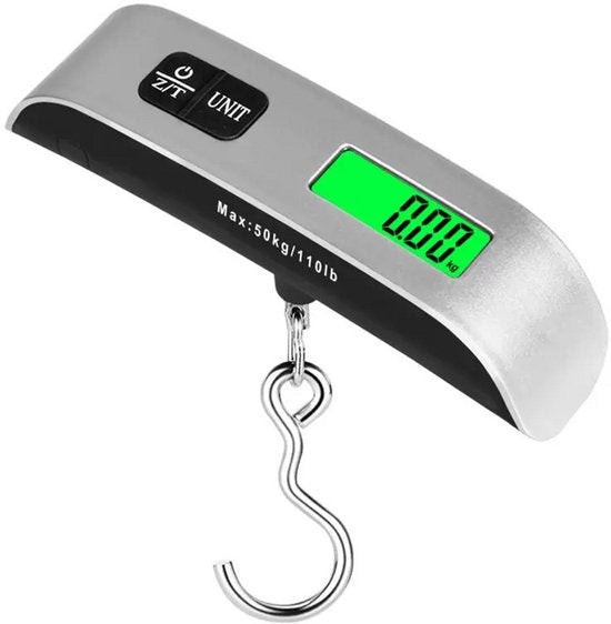 Digitale Bagageweegschaal Met Weeghaak & Thermometer - Koffer Weegschaal Bagage Bagageweger Kofferweger - Hang Weegschaal - Tot 50KG - Grijs - Inclusief Batterijen