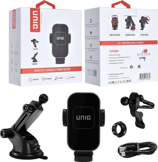 Telefoonhouder auto – 2-in-1 draadloze oplader – Ventilatierooster of dashboard montage – UNIQ-Telefoonhouders-Ilumina Benelux