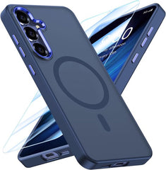 Samsung Galaxy S25 Hoesjes – Magnetische Backcover MagSafe Compatibel – Matte Achterkant – 2x Screenprotector – Blauw