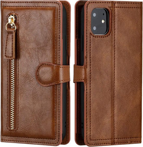 iPhone 14 Pro Max Hoesjes – Bookcase Flipcover met Ritssluiting – Magneetsluiting – 5 Pasjeshouder – Donkerbruin-Ilumina Benelux