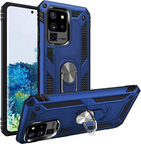 Samsung Galaxy S20 Ultra Hoesjes – Ring Armor Backcover – 360° Draaibare Standaard – Magneet – Blauw-Ilumina Benelux